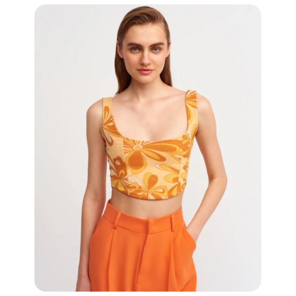 !! Zara Orange Sleeveless Groovy Blossom Floral Corset Crop Tank Top sz US S